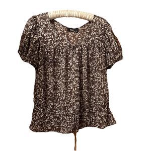 A.N.A. Brown Floral Chiffon Blouse Size L Sheer Peasant Tie Waist Boho Top
